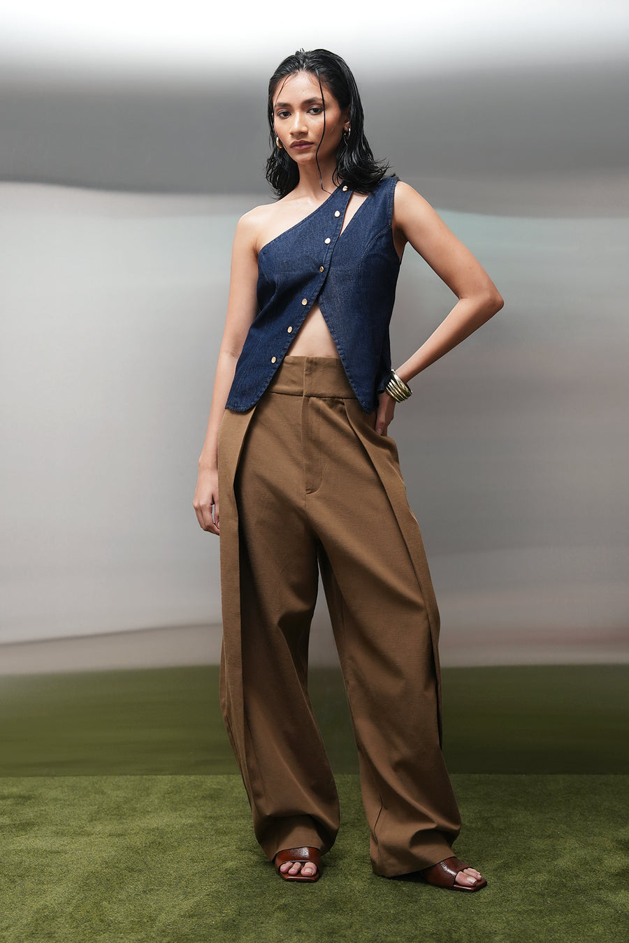 One-Shoulder Buttoned Denim Top