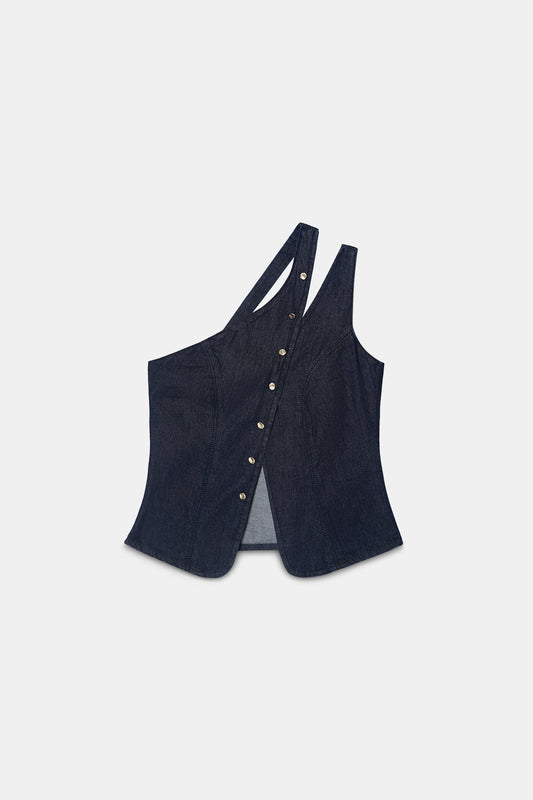 One-Shoulder Buttoned Denim Top
