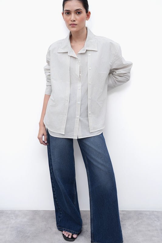 Oversized Double-Placket Striped Shirt