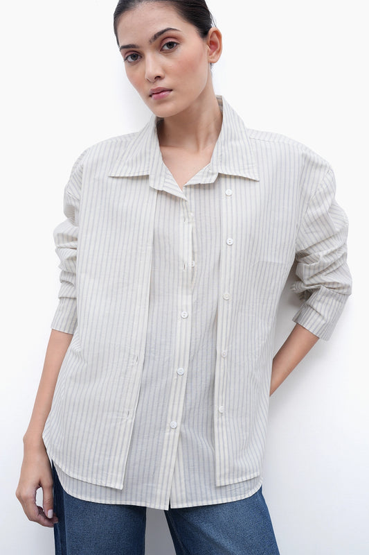 Oversized Double-Placket Striped Shirt