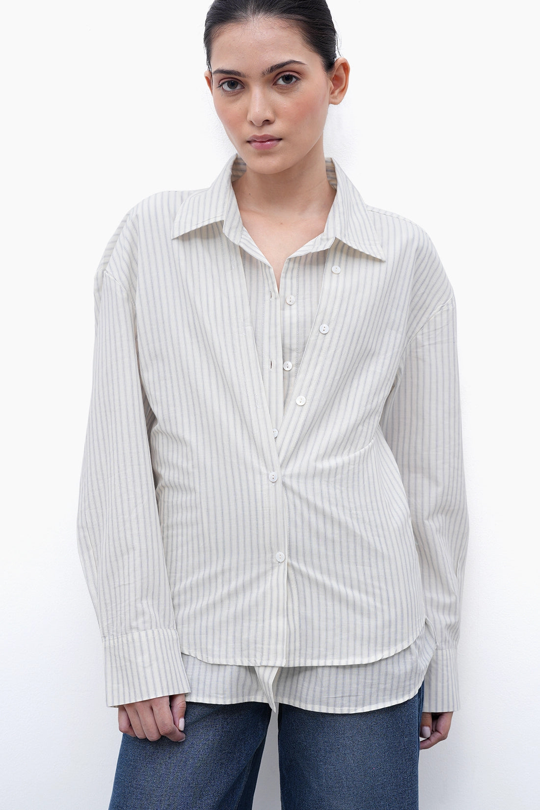 Oversized Double-Placket Striped Shirt
