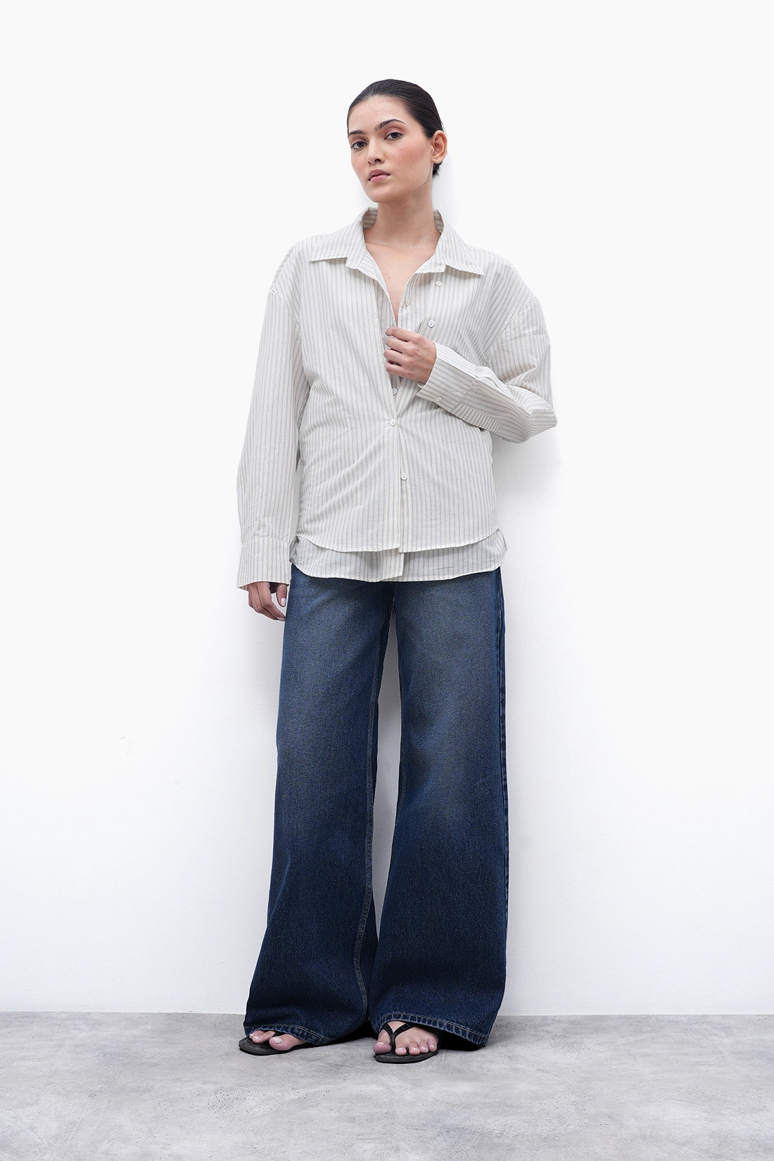 Oversized Double-Placket Striped Shirt