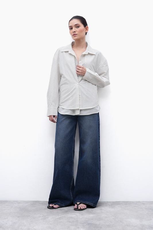 Oversized Double-Placket Striped Shirt