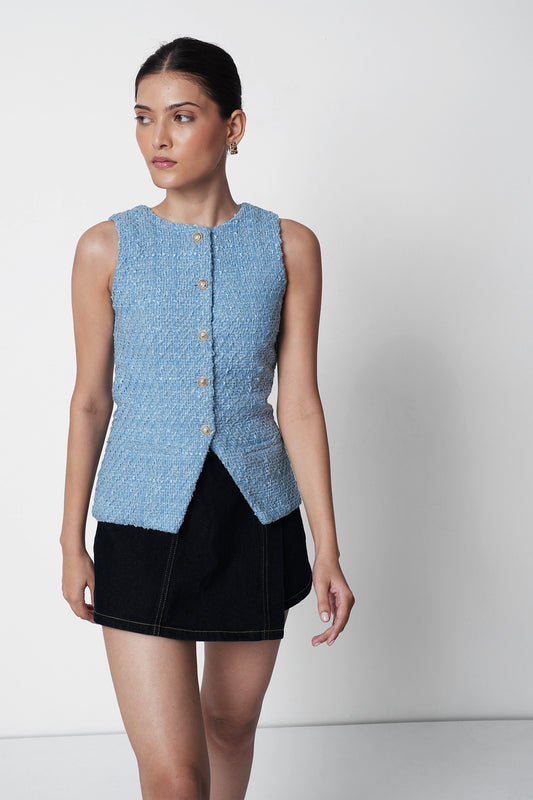 Pastel Blue Buttoned Tweed Top