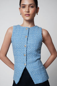 Pastel Blue Buttoned Tweed Top