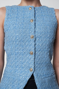Pastel Blue Buttoned Tweed Top