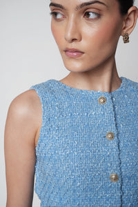 Pastel Blue Buttoned Tweed Top