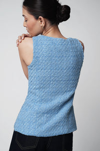 Pastel Blue Buttoned Tweed Top