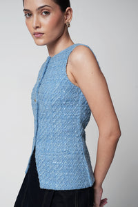 Pastel Blue Buttoned Tweed Top