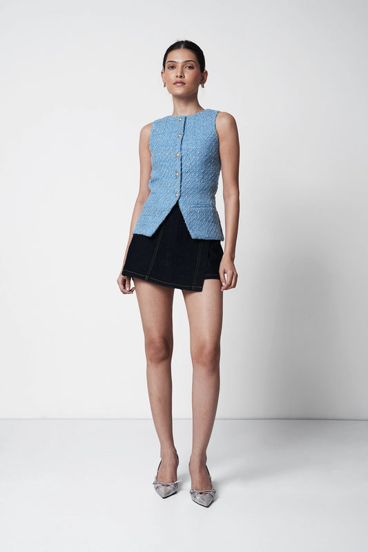 Pastel Blue Buttoned Tweed Top