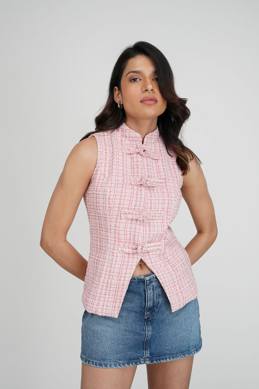 Peach Knotted Tweed Top