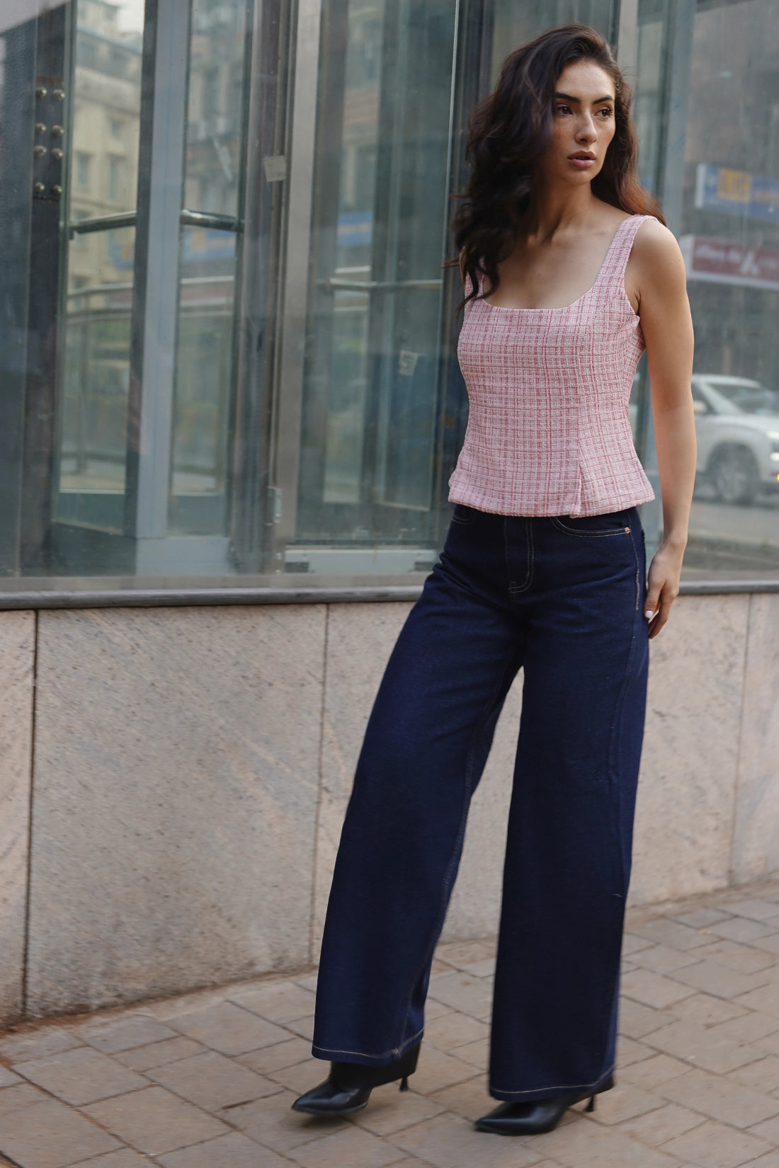 Peach Pleated Tweed Top