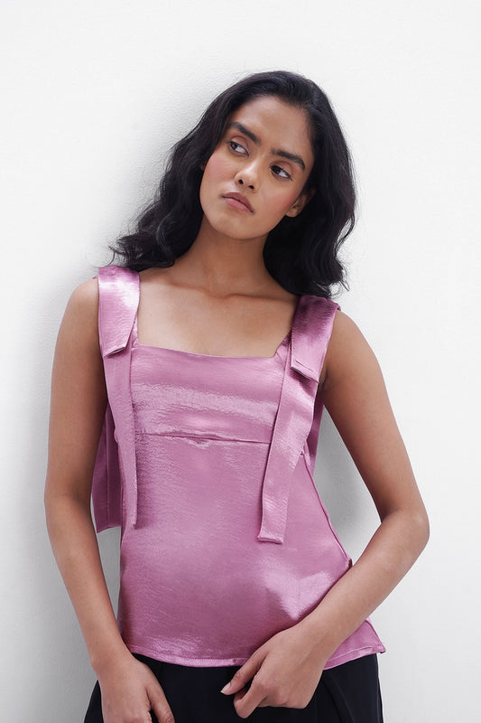 Pink Crushed Satin Bow Top