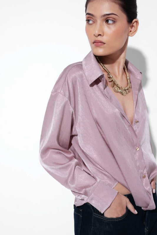 Pink Textured Satin Knot Shirt