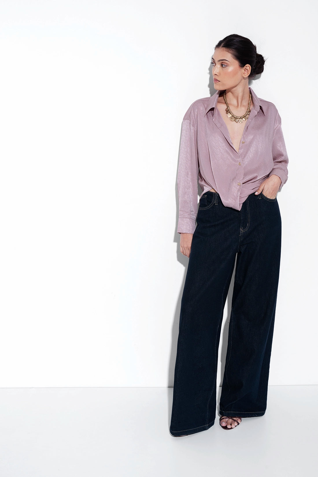 Pink Textured Satin Knot Shirt