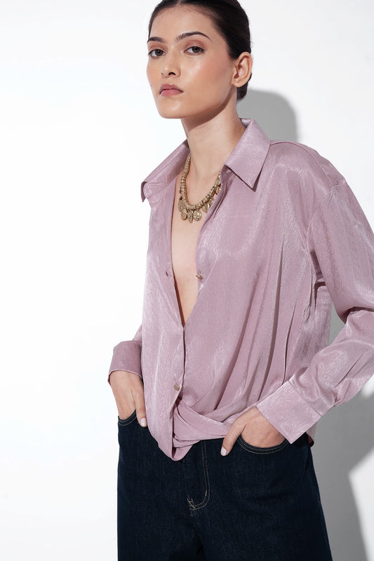 Pink Textured Satin Knot Shirt