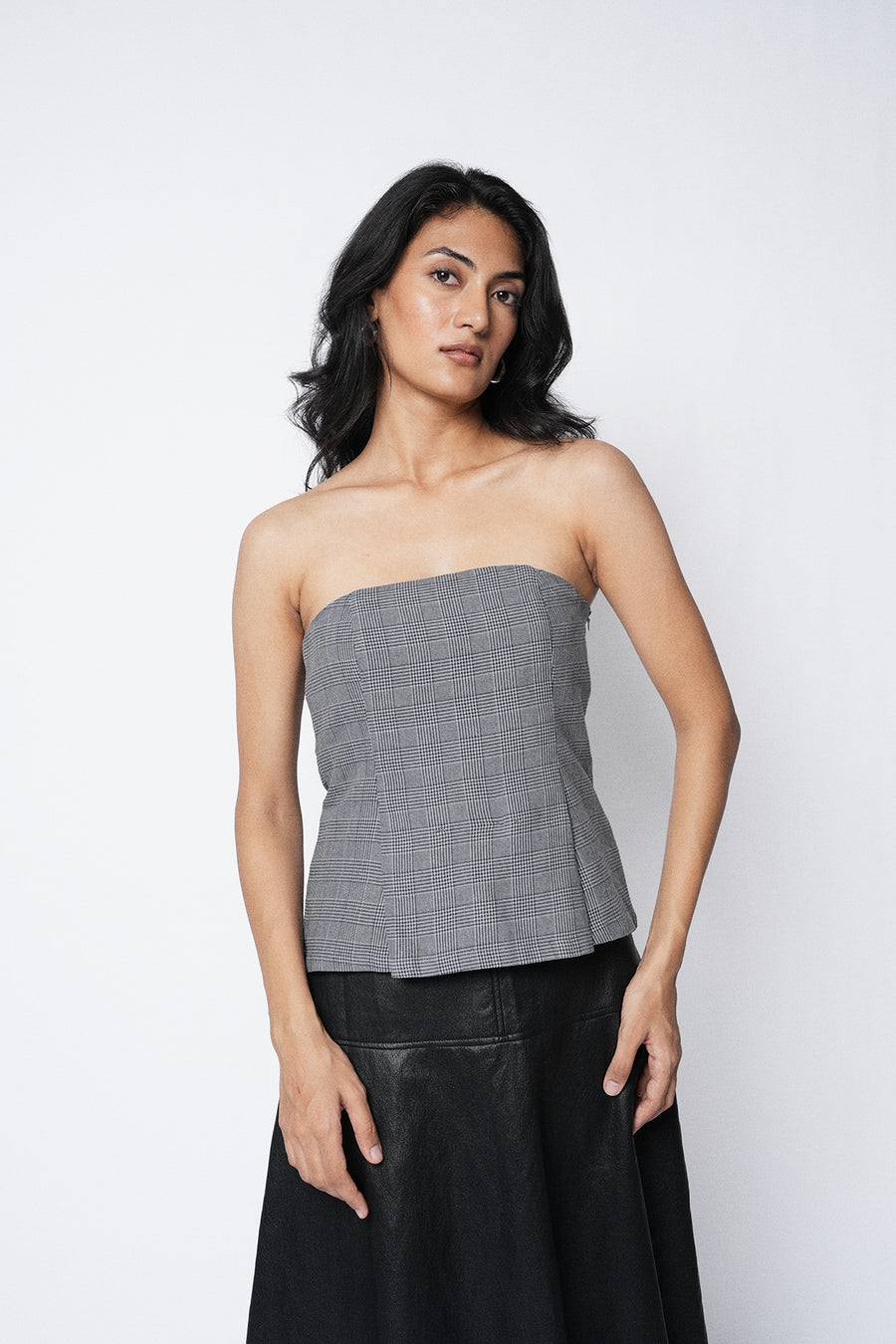 Plaid Strapless Pleated Top