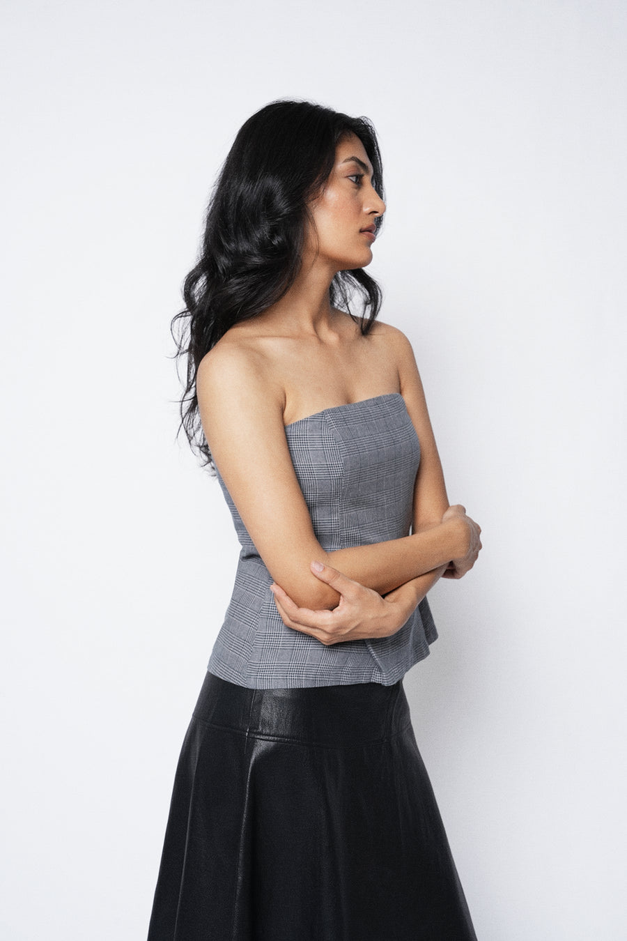Plaid Strapless Pleated Top