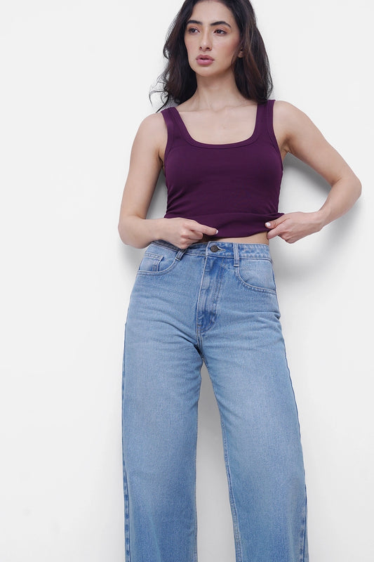 Plum Ribbed Square Neck Top