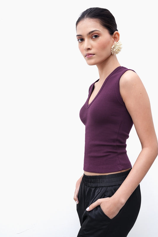 Plum V-Neck Ribbed Top