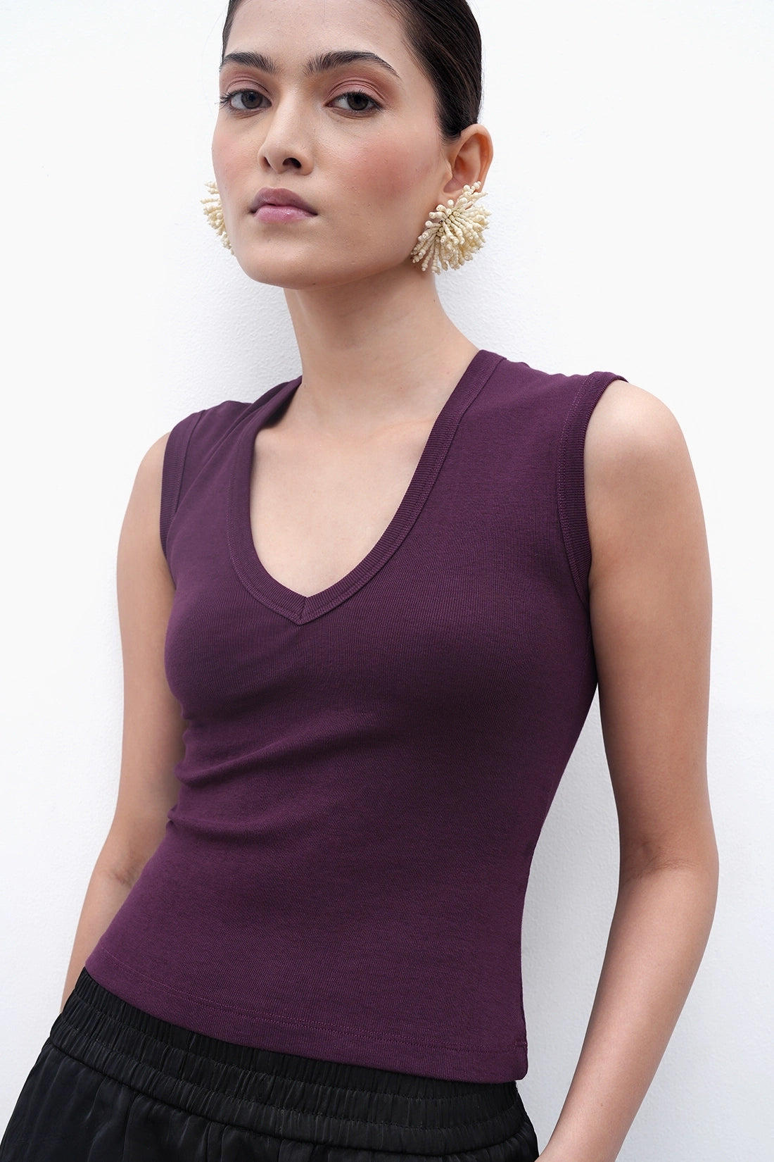 Plum V-Neck Ribbed Top