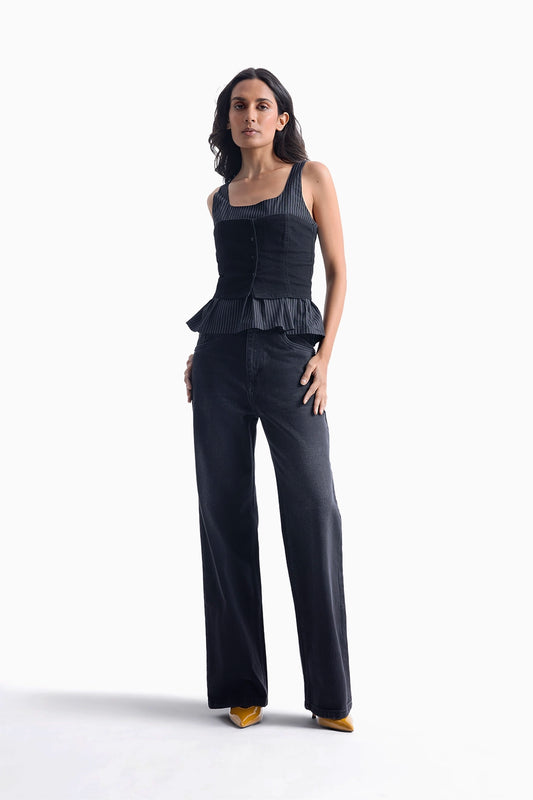 Black Denim Contrast Top