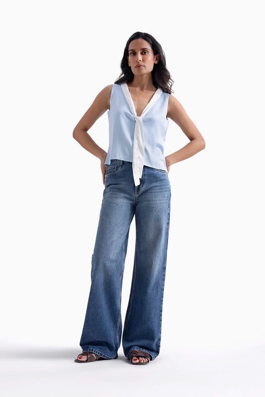 Ice Blue Contrast Satin Top