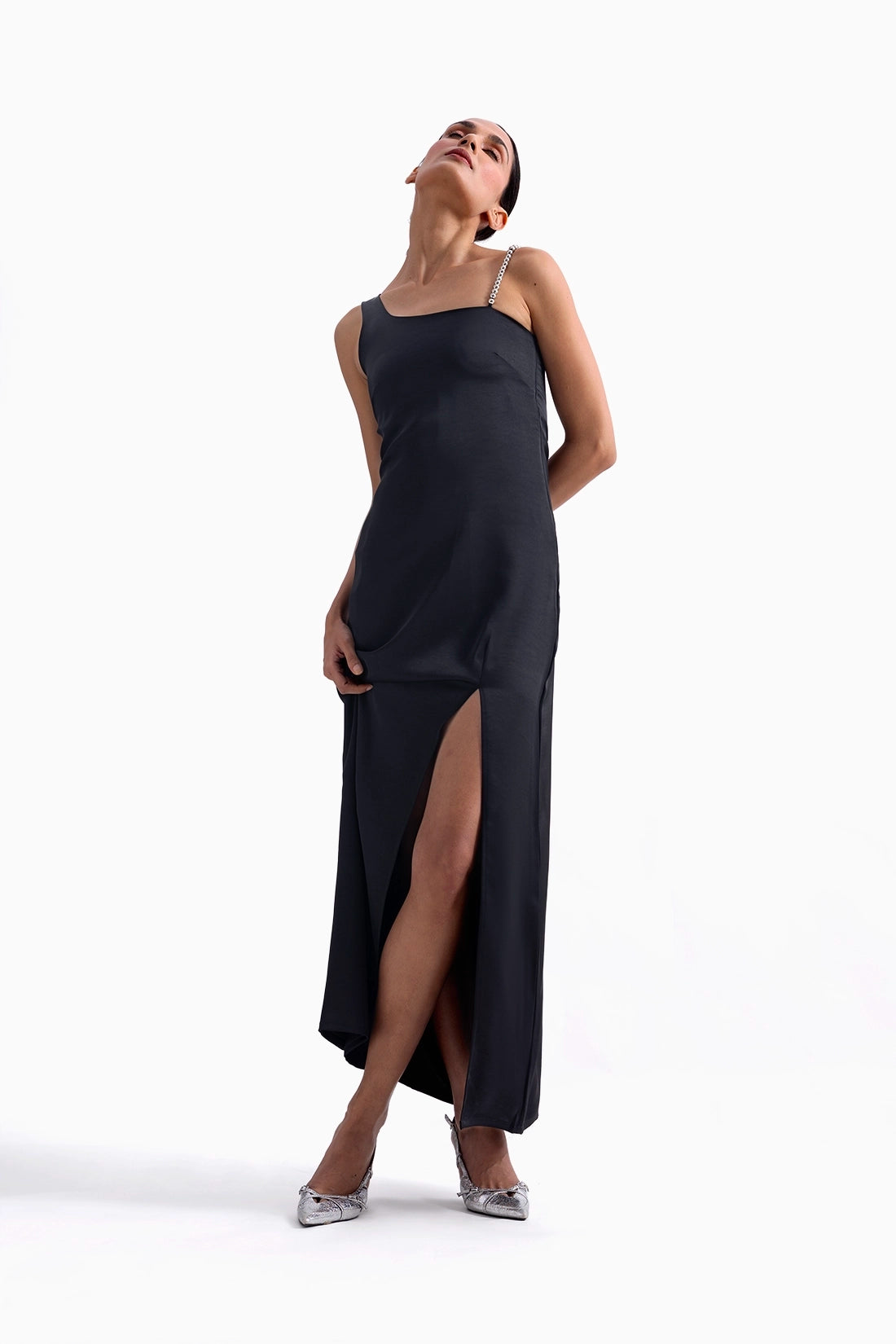 Black Satin Slit Dress