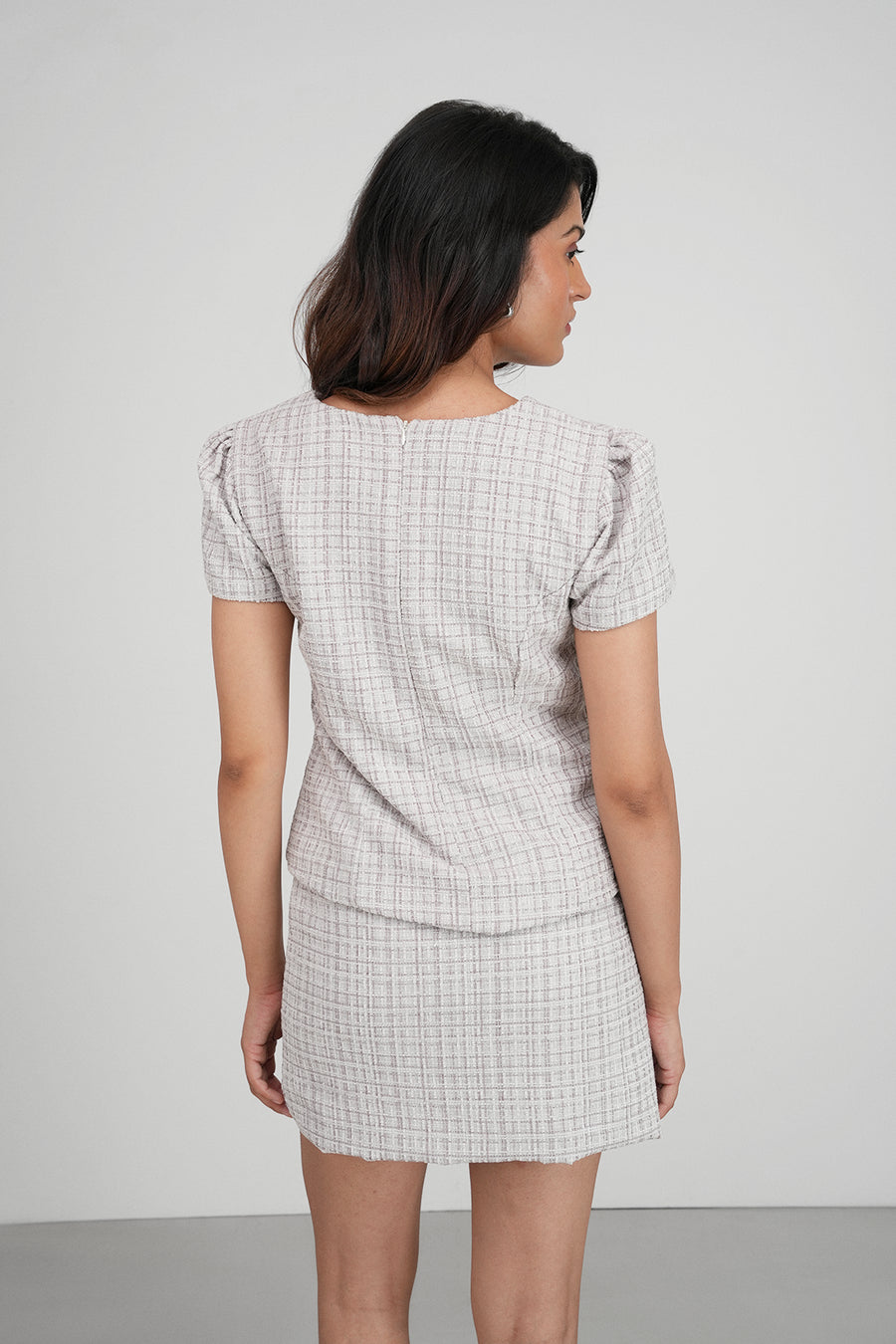 Puffed-Sleeve Tweed Top