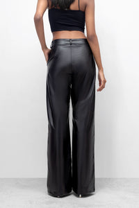 Black Leather Feel Straight Fit Pants