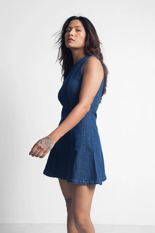 Blue Tailored Flared Denim Dress