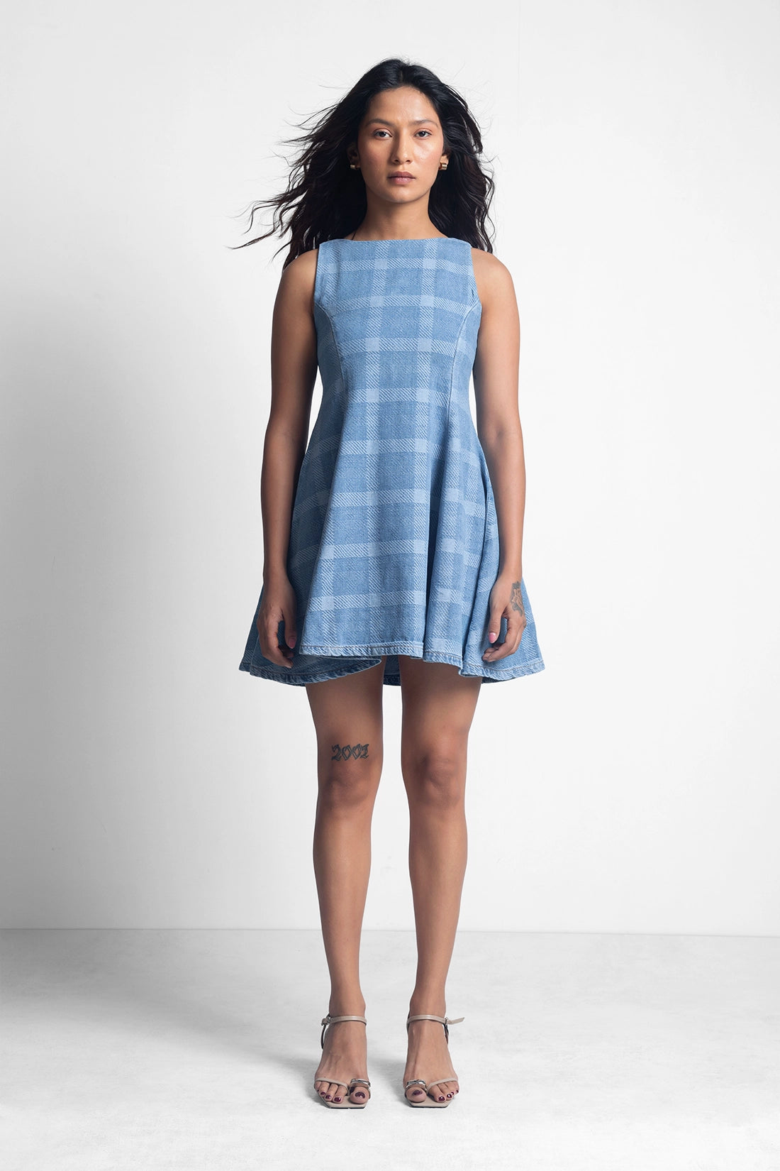 Checkered Denim Tailored Flared Dress