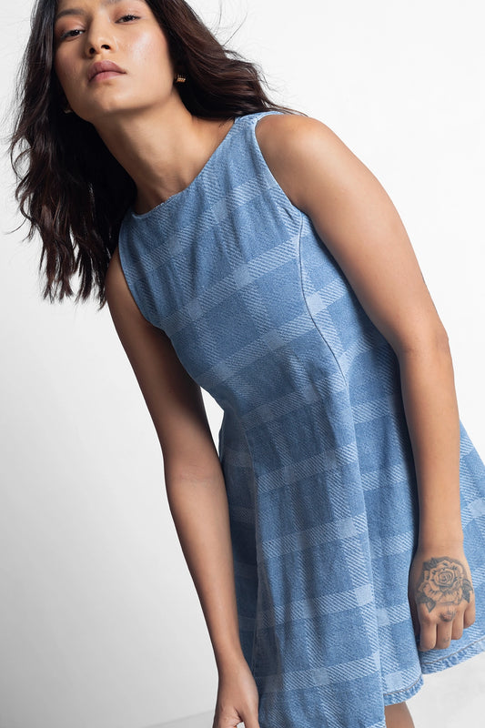 Checkered Denim Tailored Flared Dress