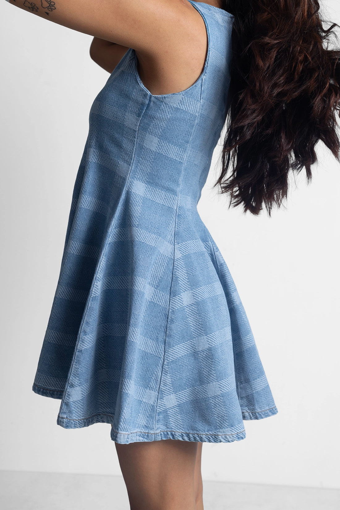 Checkered Denim Tailored Flared Dress