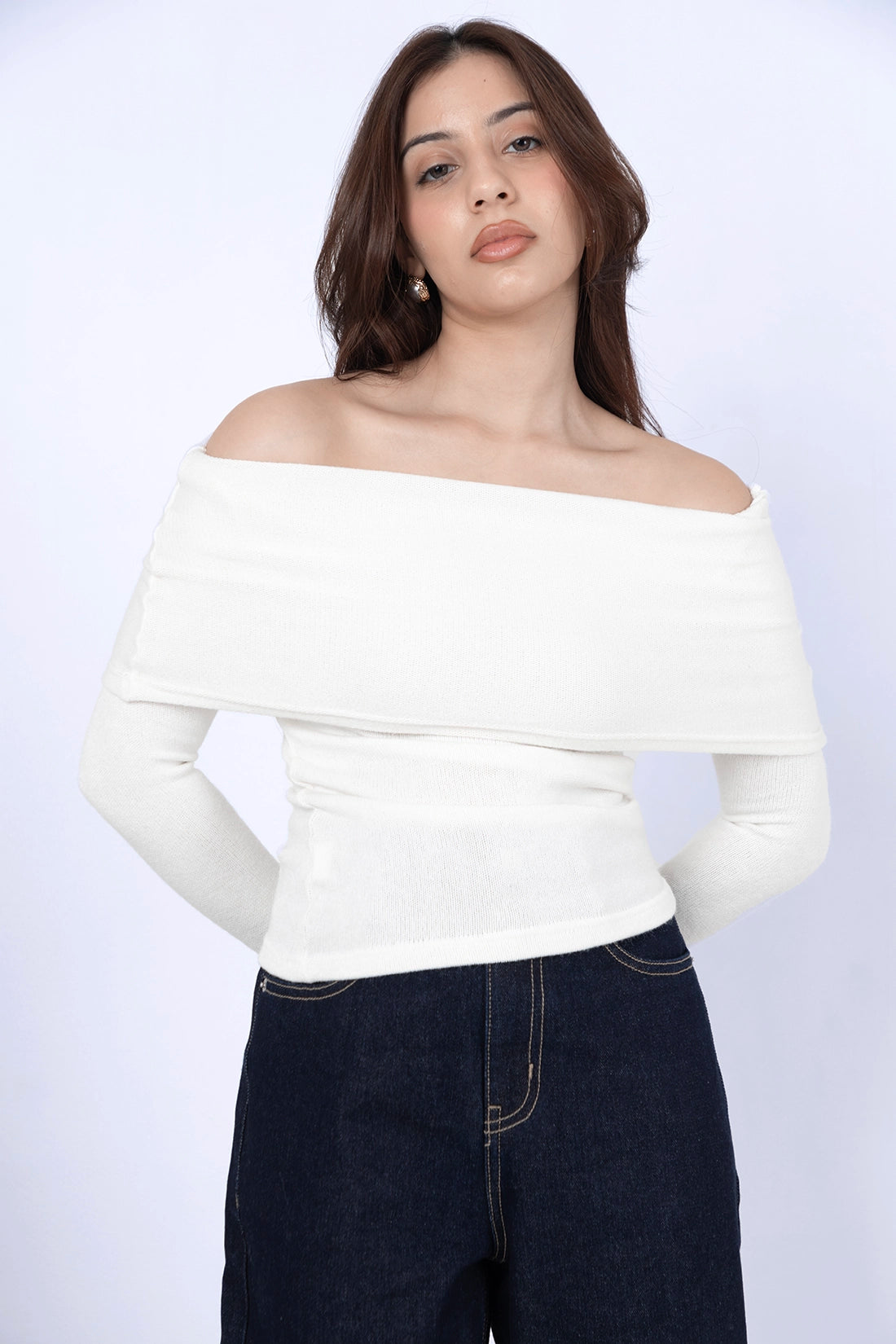 White Off-shoulder Soft Knit Top