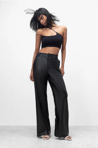 Black Leather Feel Straight Fit Pants