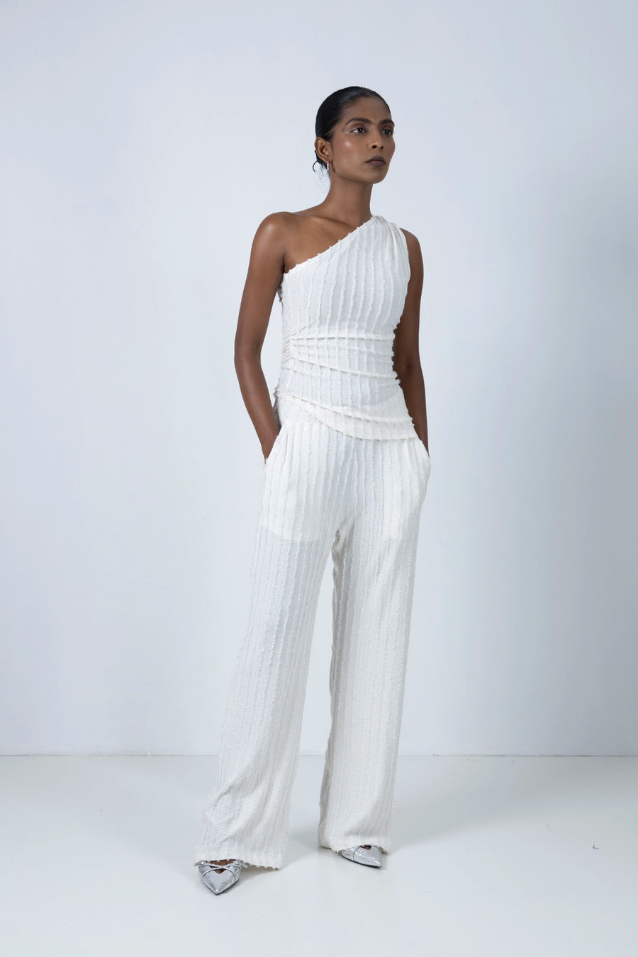 White Trousers with Metallic Thread