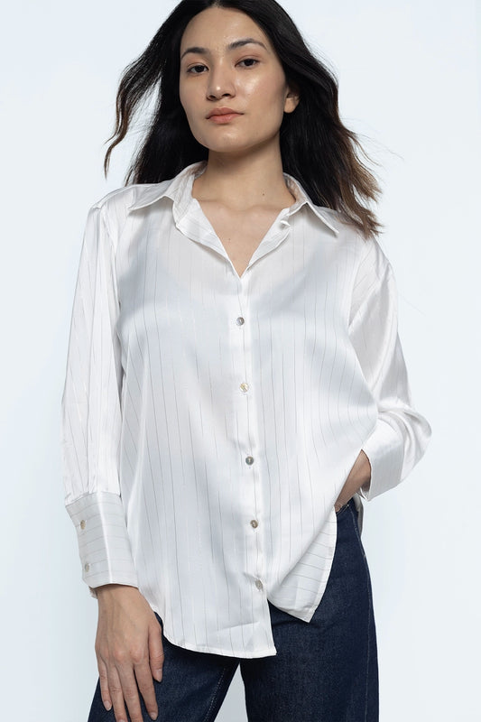 White Metallic Line Satin Shirt