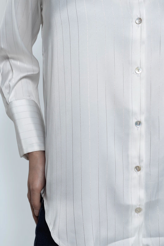 White Metallic Line Satin Shirt