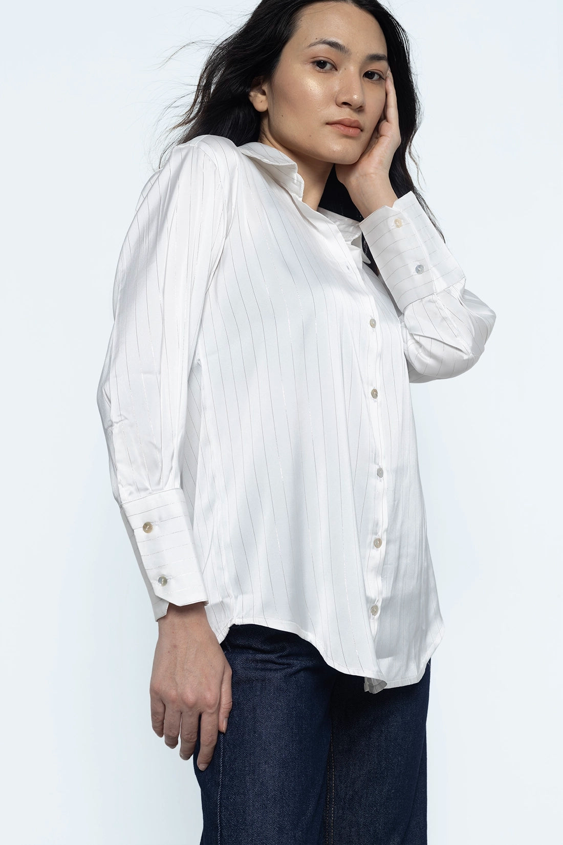 White Metallic Line Satin Shirt