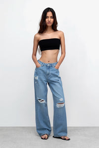 Stone Blue Ripped Straight Fit Jeans