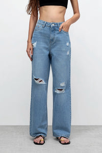 Stone Blue Ripped Straight Fit Jeans