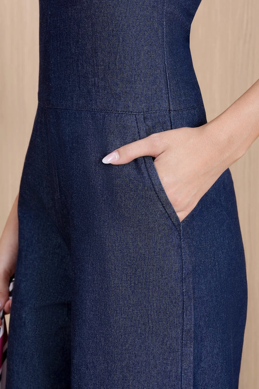 Raw Wash Halter Denim Jumpsuit