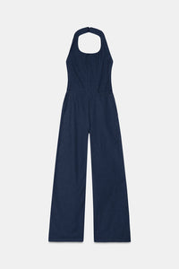 Raw Wash Halter Denim Jumpsuit