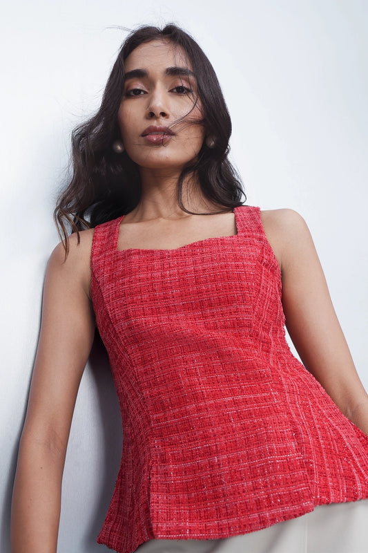 Red Tweed Square-Neck Top