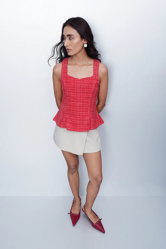 Red Tweed Square-Neck Top