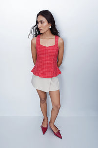 Red Tweed Square-Neck Top