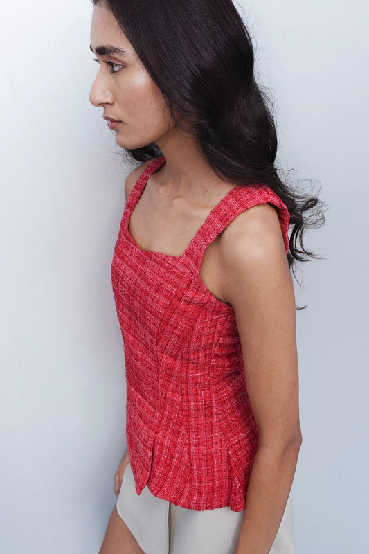 Red Tweed Square-Neck Top
