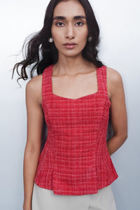 Red Tweed Square-Neck Top