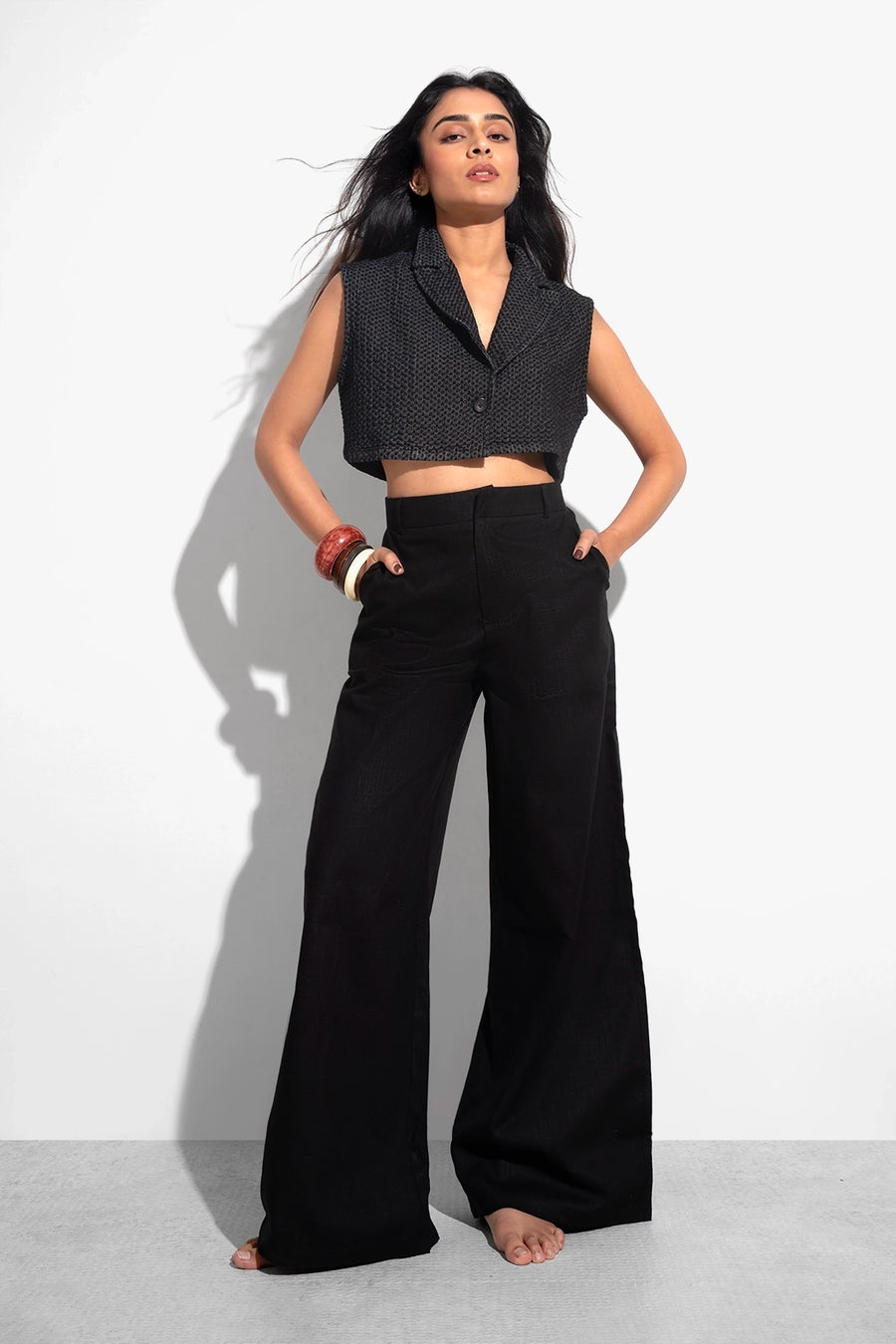 Textured Denim Cropped Waistcoat